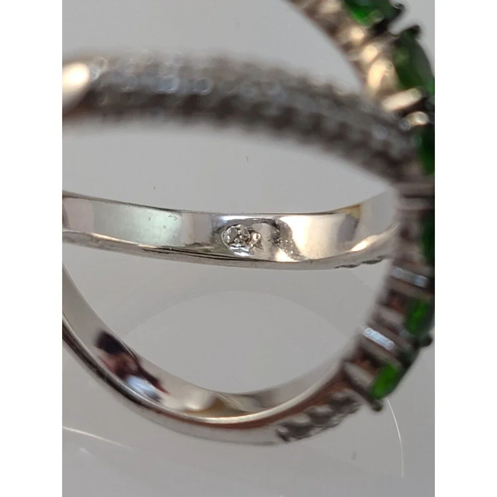 925 Sterling Silver Green CZ Crossover Ring Size 5 Pave Band Fine Jewelry